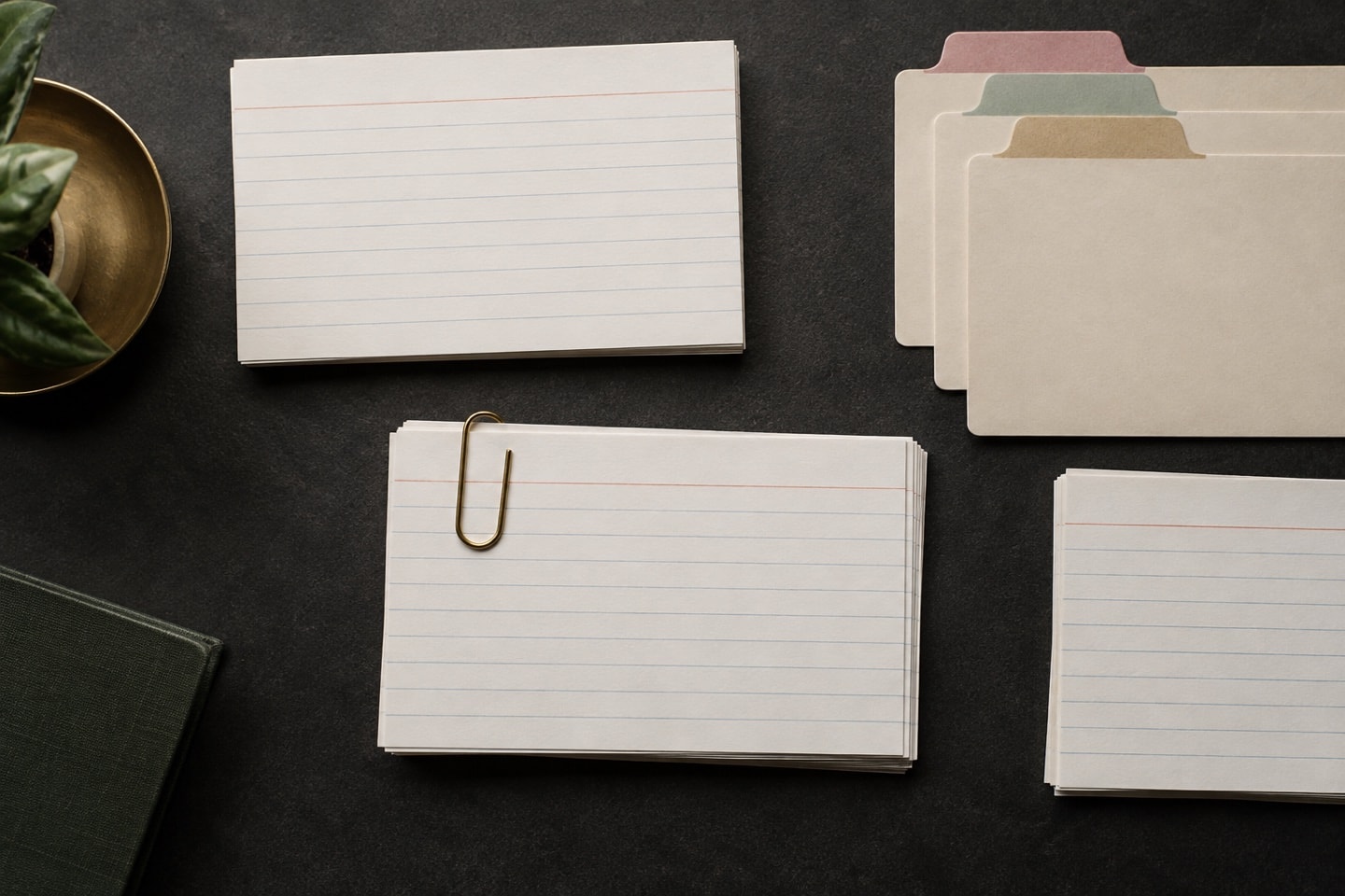 Blank index cards arranged in rows on a dark desk