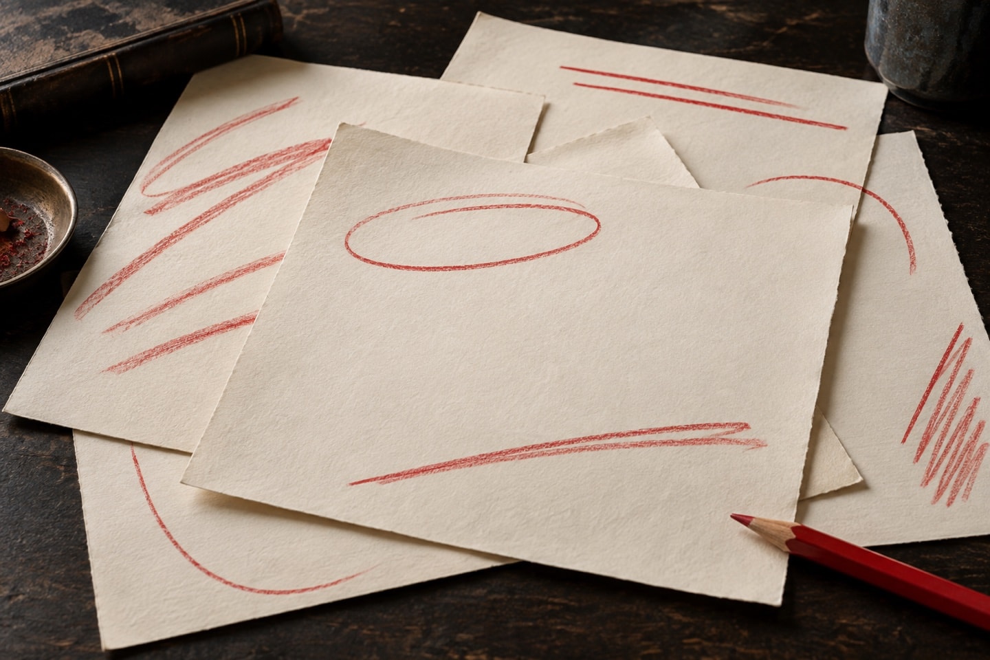 Layered blank paper with red editorial marks