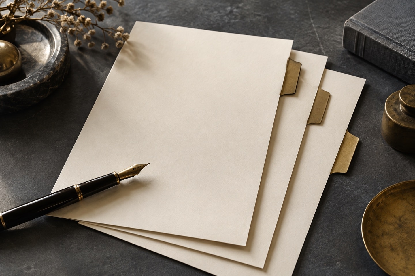 Blank cream paper and metal dividers arranged on a desk