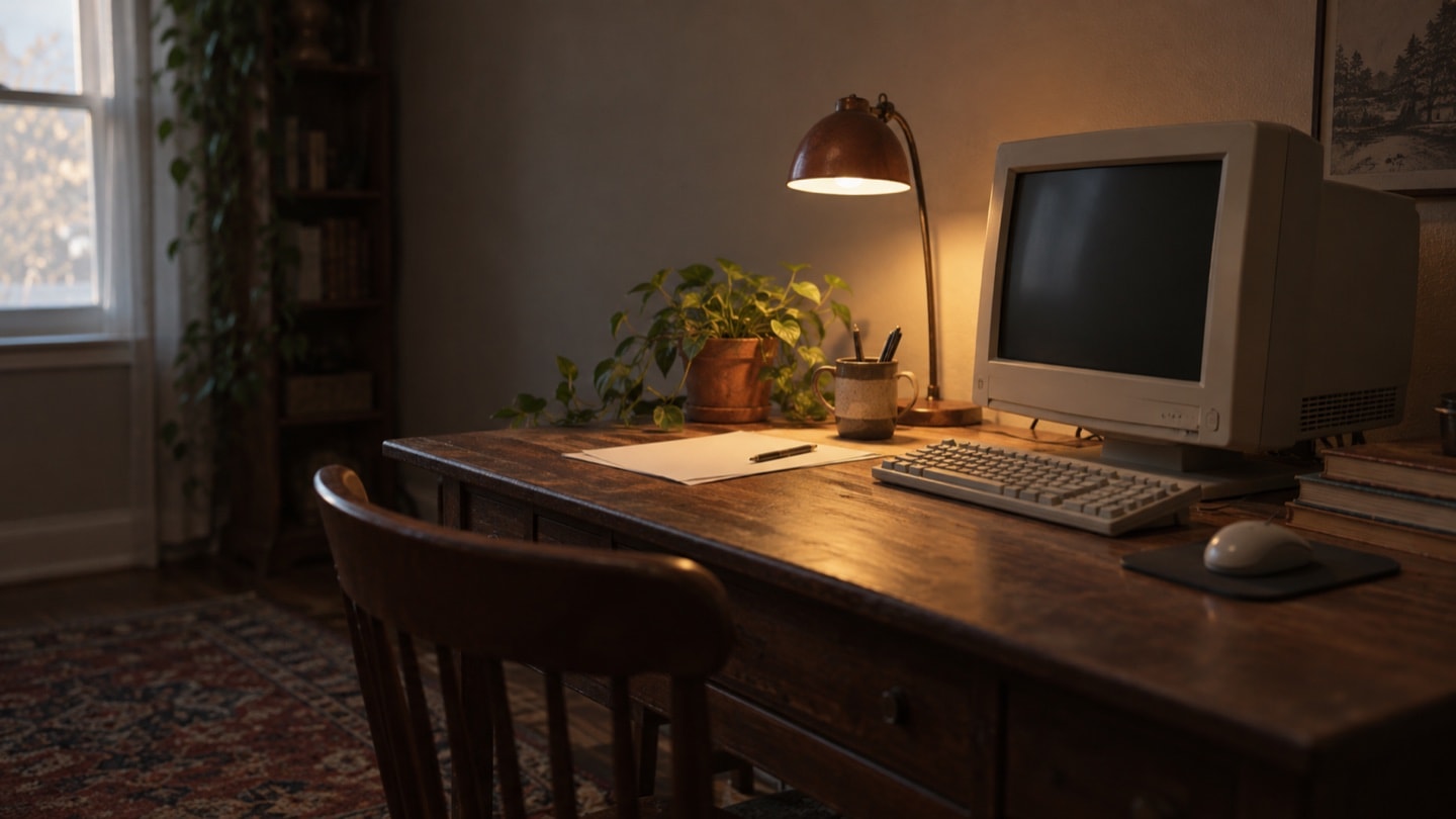 Early-2000s writing desk with a desktop monitor and blank paper