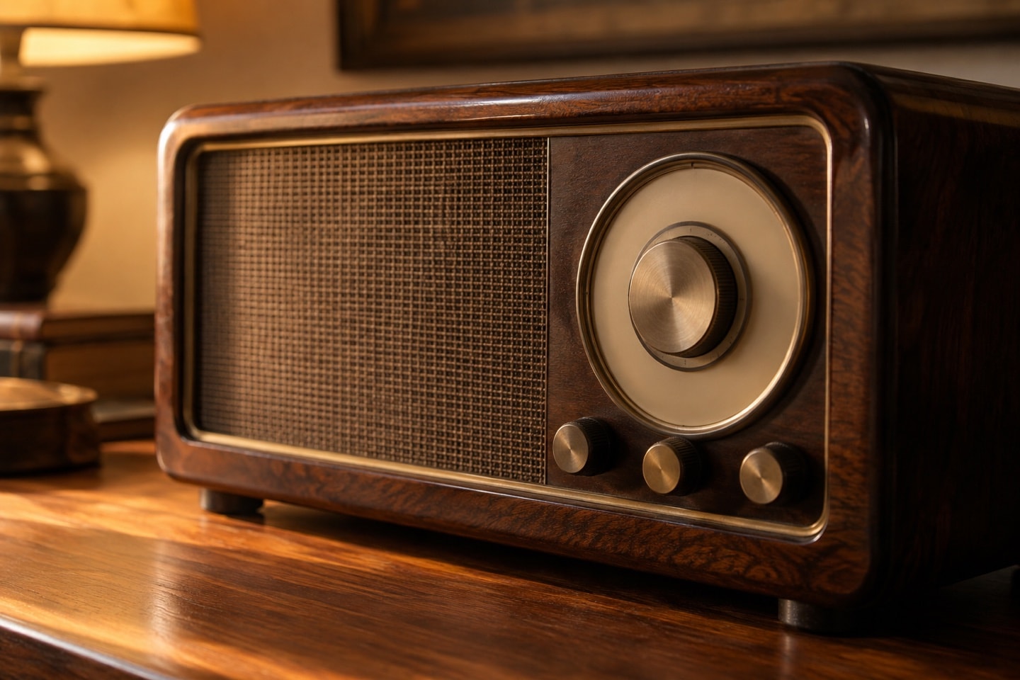 Unmarked tabletop radio in warm amber light